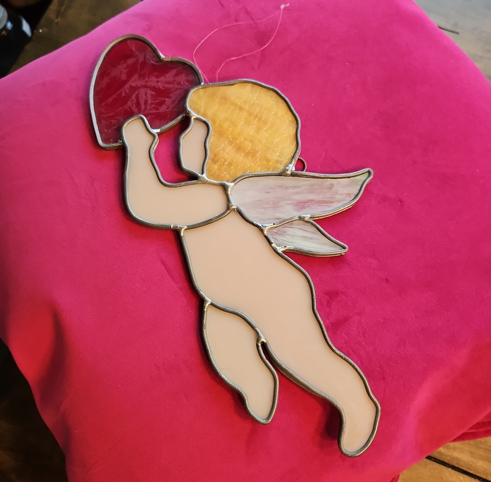 Stained Glass Cherub Holding Red Heart